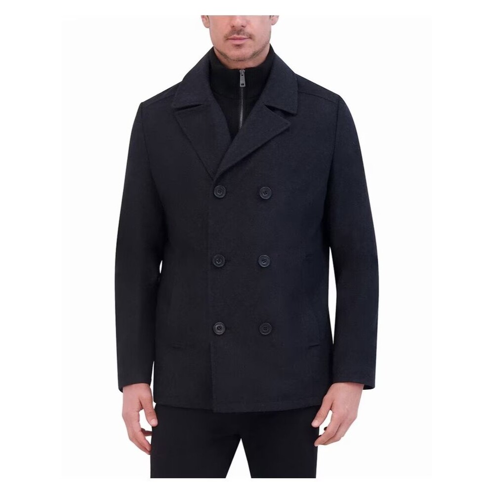 KENNETH COLE Coat Mens Large Dark Grey Peacoat Zip Up Bib Quilted Wool $250